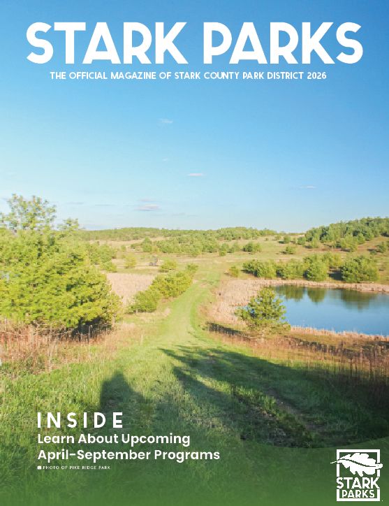 Magazine cover with mowed grass and pond and Stark Parks at top